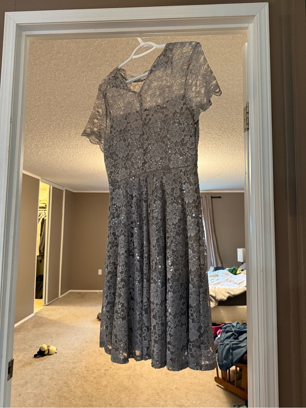 Onyx Nite Gray Lace A-Line Dress with Sequin Accents